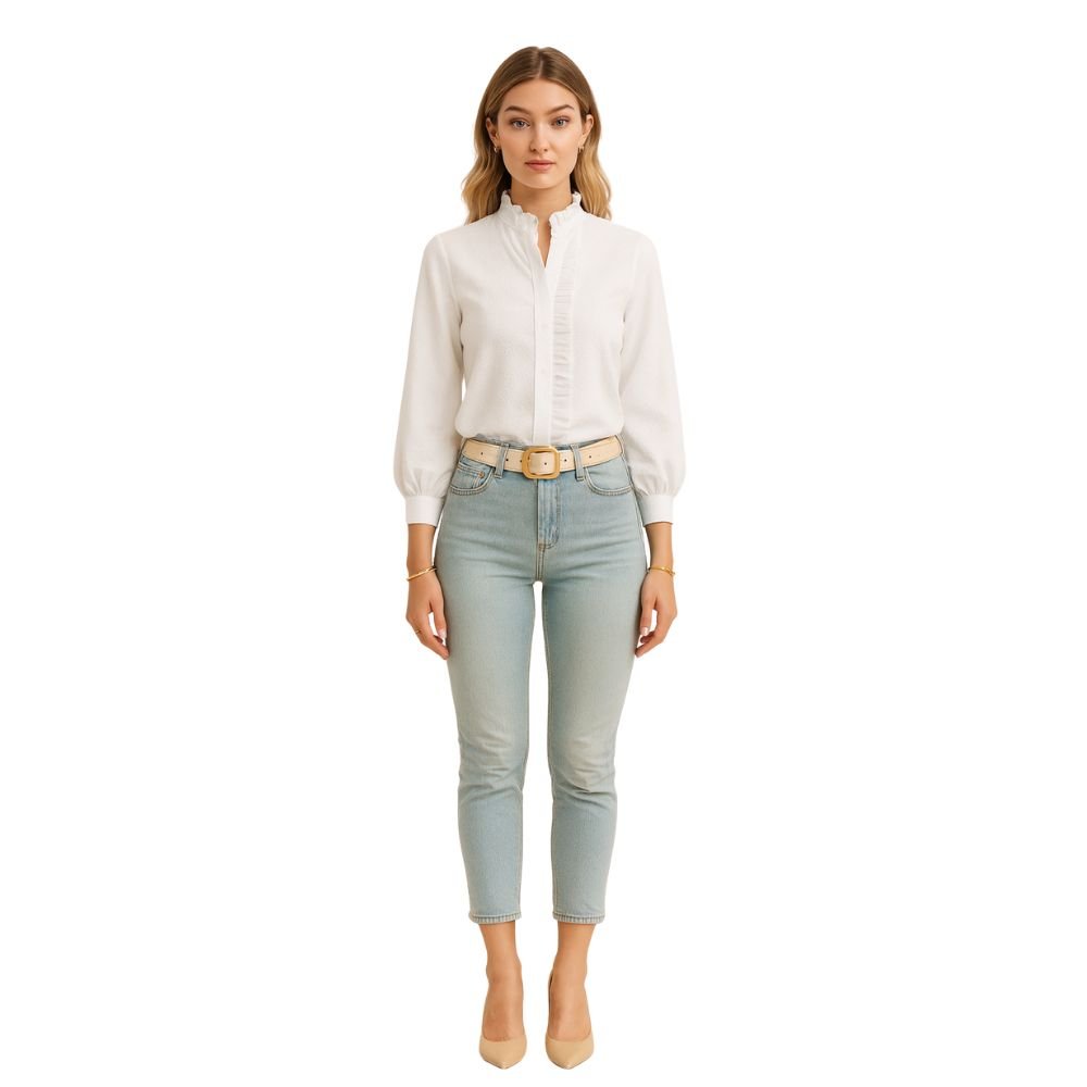 Women’s Cotton Ruffle Collar Bishop Sleeve Blouse – Elegant Long Sleeve Button Down Shirt for Work, Brunch & Smart Casual Outfits 1