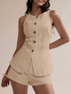 Women’s Cotton Two-Piece Button Detail Set – Sleeveless Top & Mini Skirt Outfit 6