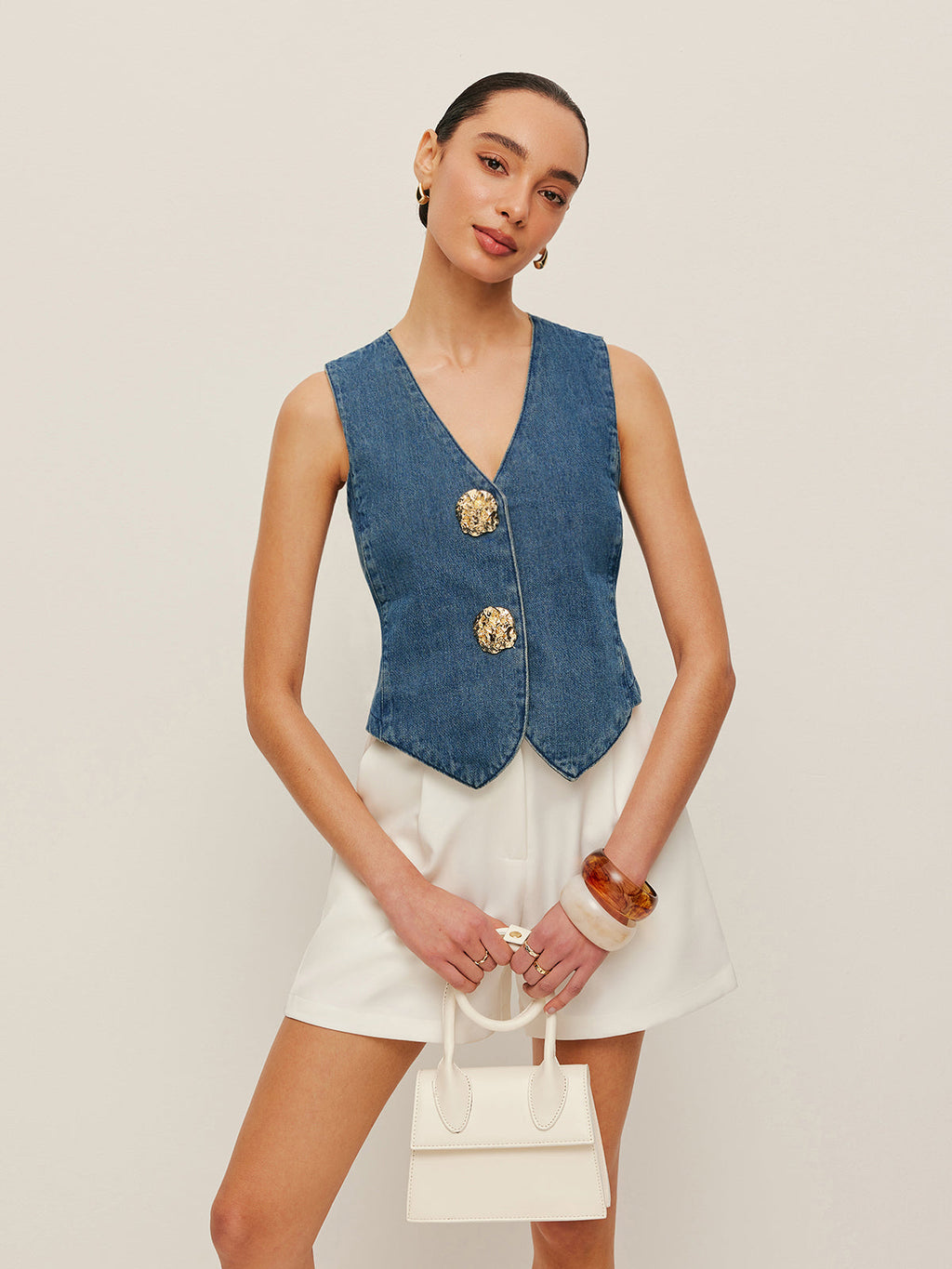 Women’s Denim Sleeveless Top — 100% Cotton Metal Detail Regular Fit Casual Jean Vest Shirt 0
