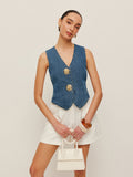 Women’s Denim Sleeveless Top — 100% Cotton Metal Detail Regular Fit Casual Jean Vest Shirt 0