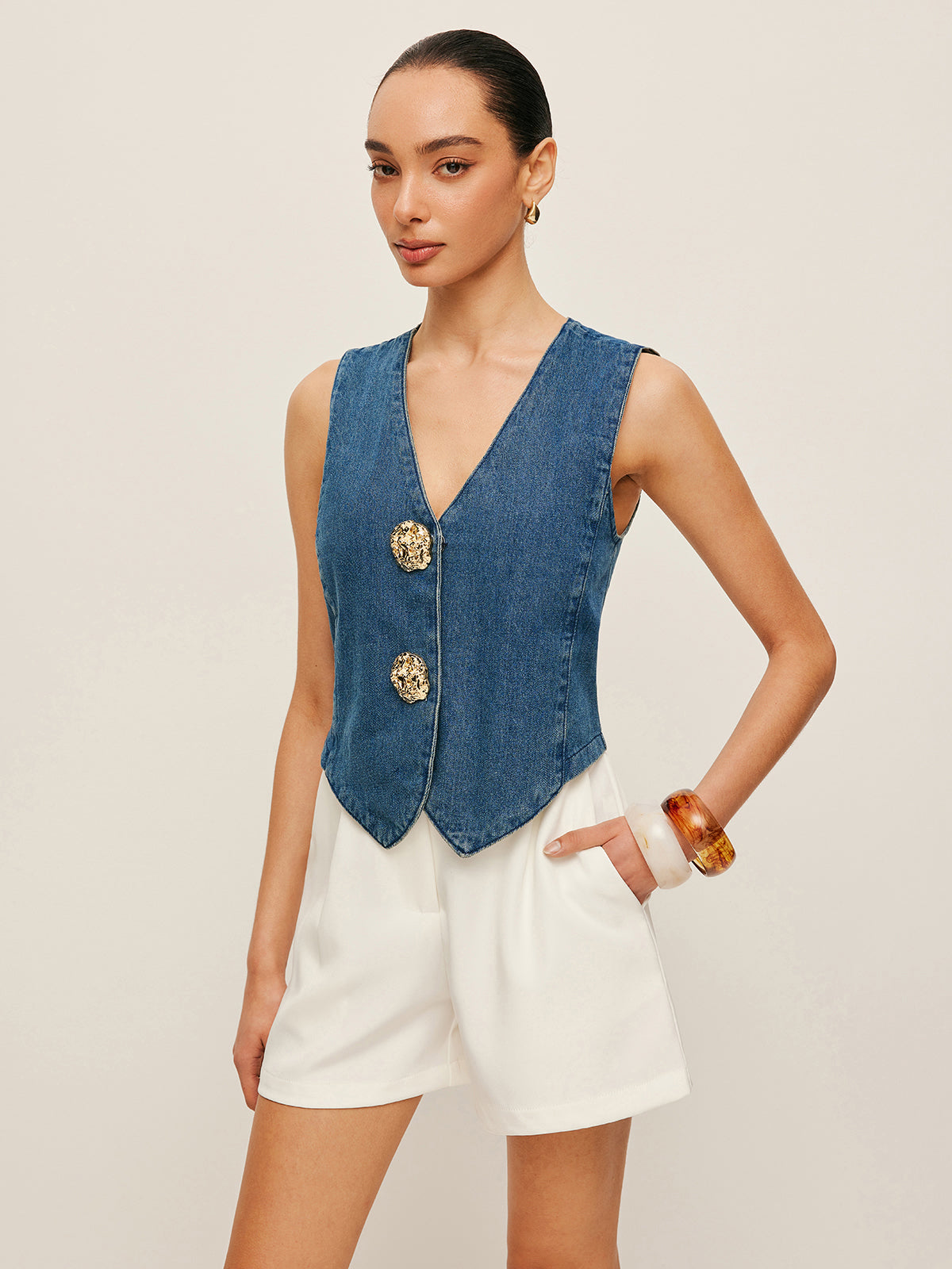 Women’s Denim Sleeveless Top — 100% Cotton Metal Detail Regular Fit Casual Jean Vest Shirt 3