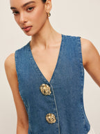 Women’s Denim Sleeveless Top — 100% Cotton Metal Detail Regular Fit Casual Jean Vest Shirt 4