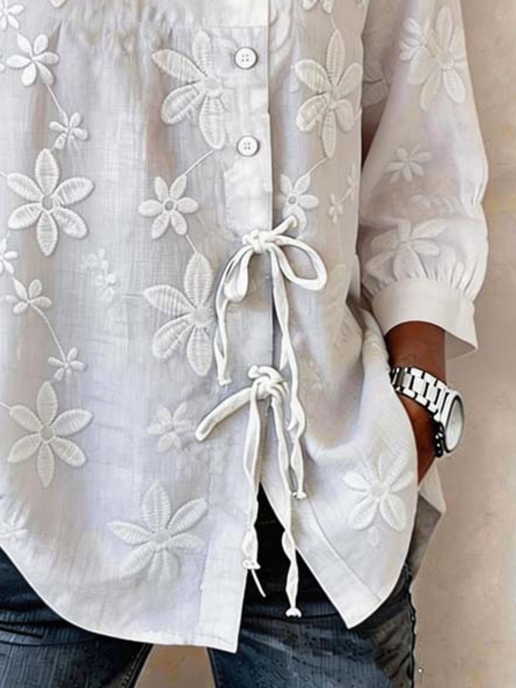 Women’s Embroidered Buttoned Tie-Front Blouse – Short Sleeve Summer Top 2