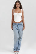 Women’s Ivory Textured Corset Top – Ribbed Crew Neck Structured Minimalist Top 0