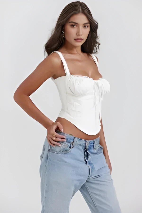 Women’s Ivory Textured Corset Top – Ribbed Crew Neck Structured Minimalist Top 6