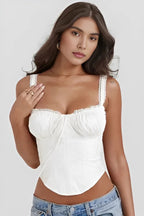 Women’s Ivory Textured Corset Top – Ribbed Crew Neck Structured Minimalist Top 8