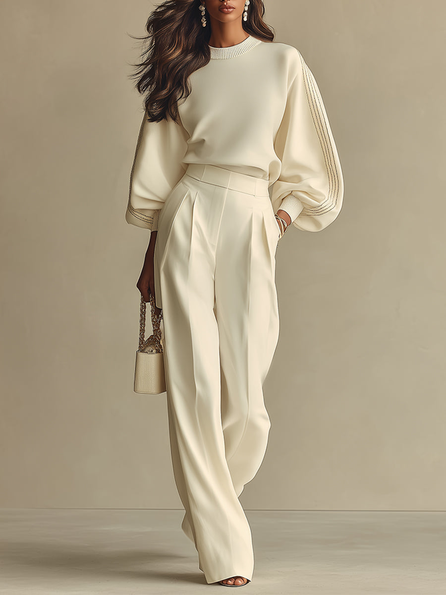 Women’s Ivory Textured Knit Co-Ord Set – Ribbed Crew Neck High-Waisted Modern Lounge Outfit 0
