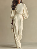 Women’s Ivory Textured Knit Co-Ord Set – Ribbed Crew Neck High-Waisted Modern Lounge Outfit 0