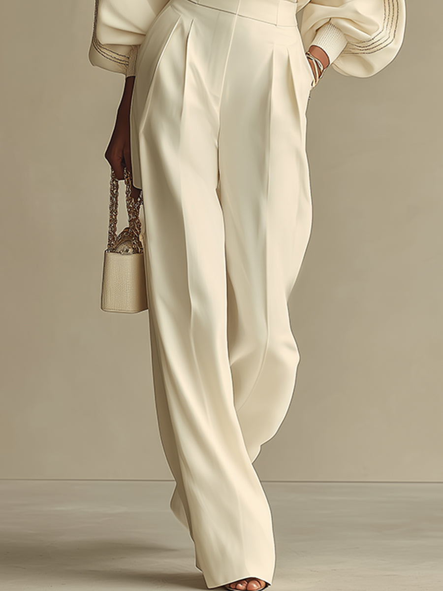 Women’s Ivory Textured Knit Co-Ord Set – Ribbed Crew Neck High-Waisted Modern Lounge Outfit 2