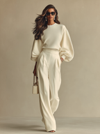 Women’s Ivory Textured Knit Co-Ord Set – Ribbed Crew Neck High-Waisted Modern Lounge Outfit 3