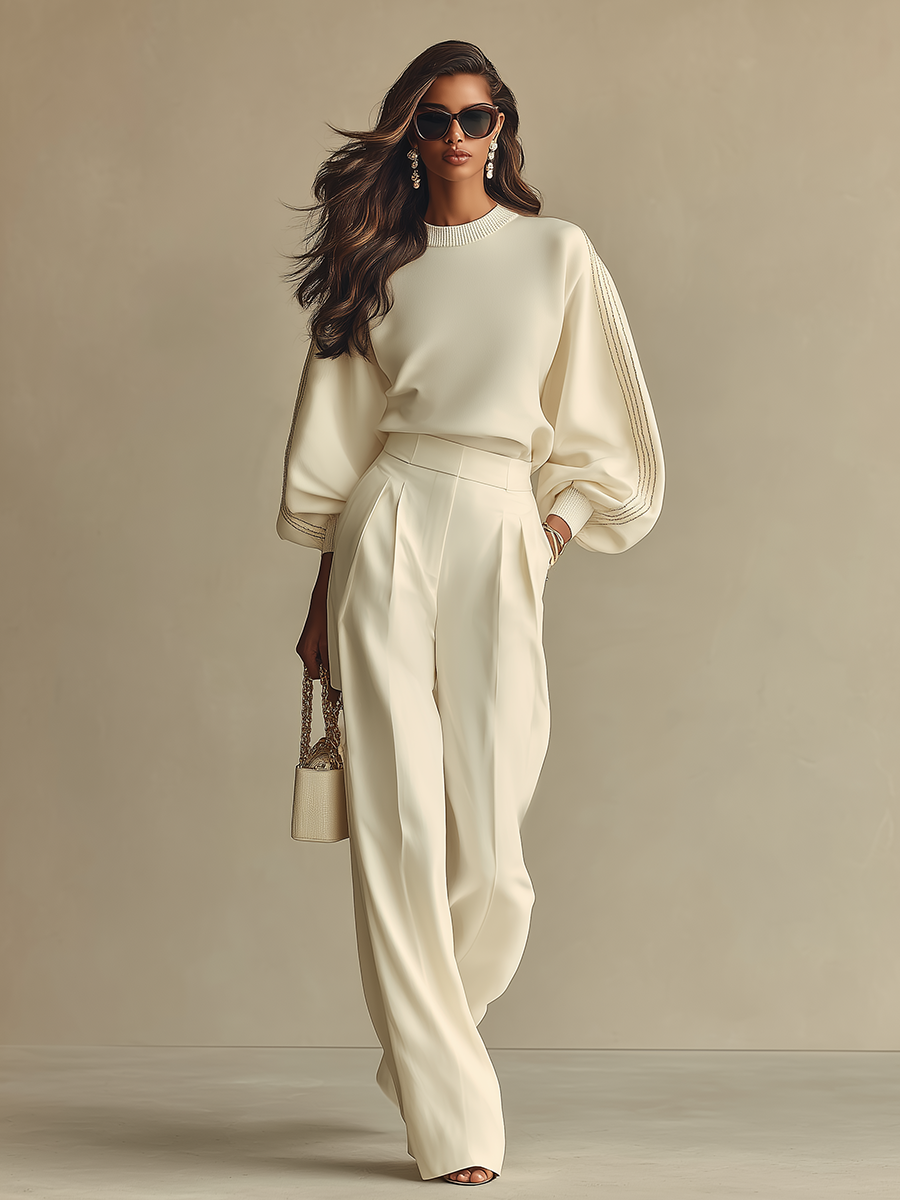 Women’s Ivory Textured Knit Co-Ord Set – Ribbed Crew Neck High-Waisted Modern Lounge Outfit 3