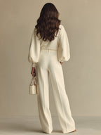 Women’s Ivory Textured Knit Co-Ord Set – Ribbed Crew Neck High-Waisted Modern Lounge Outfit 4