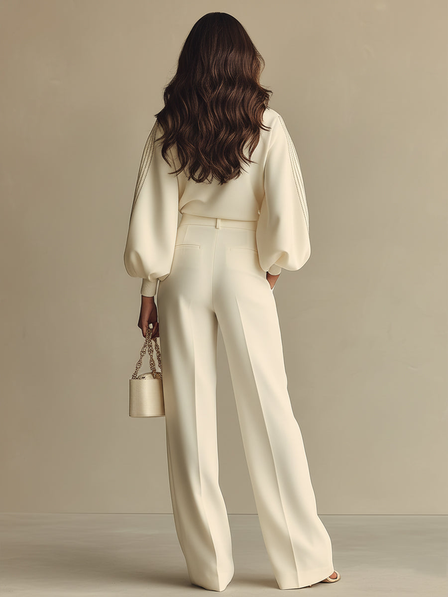 Women’s Ivory Textured Knit Co-Ord Set – Ribbed Crew Neck High-Waisted Modern Lounge Outfit 4