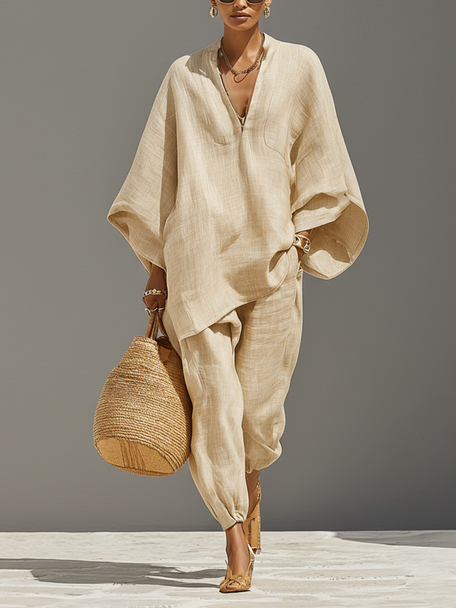 Women’s Neutral Textured Linen Blend Co-Ord Set – Asymmetric Hem Minimalist Daily Casual Outfit 0