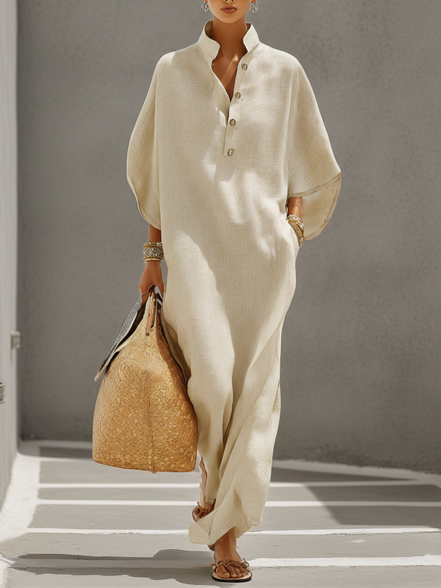Women's Oatmeal Linen Dress With Mandarin Collar & Dolman Sleeves, Timeless Resort-Casual Style Dress MDZ0552B1I 0