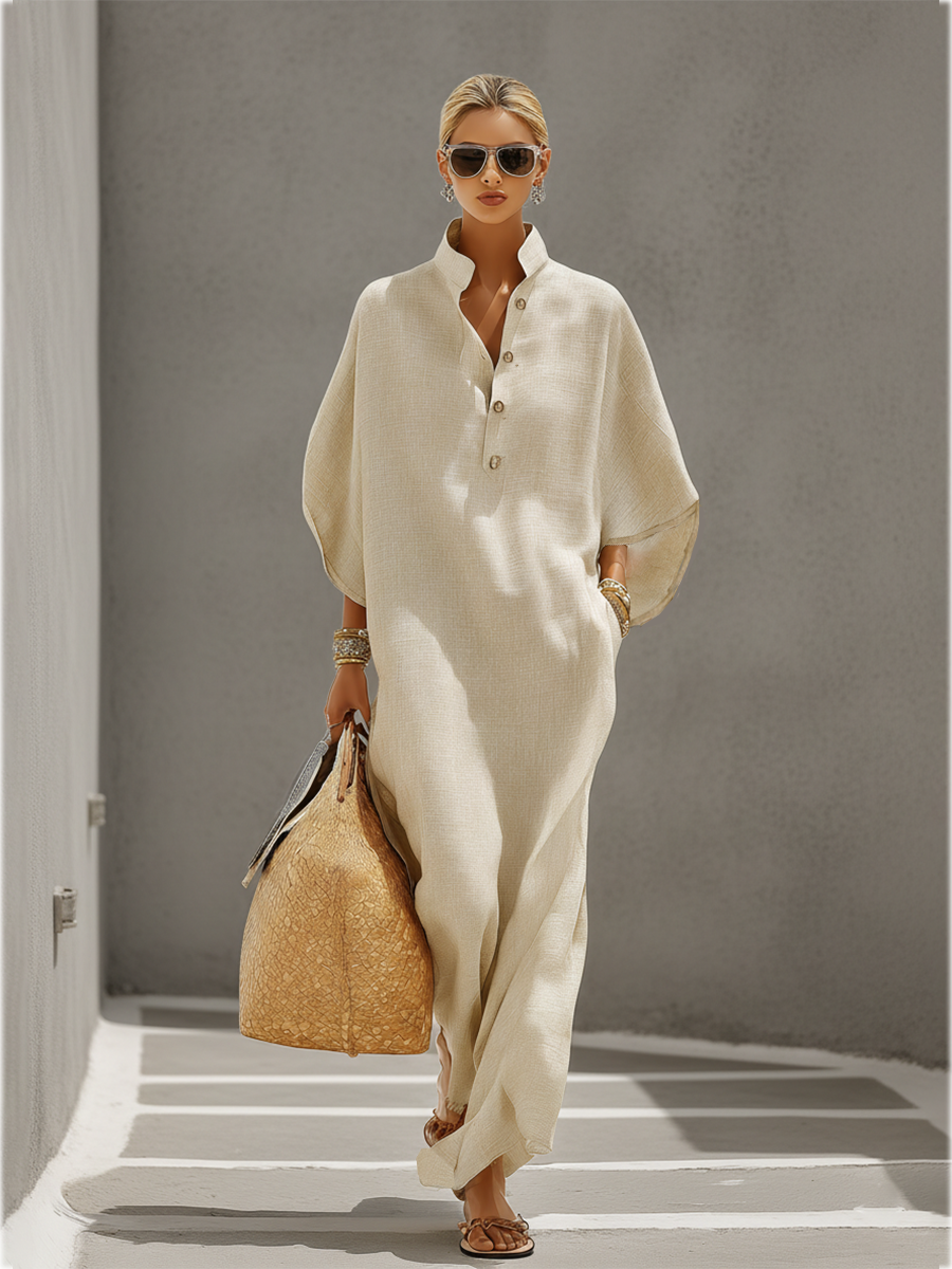 Women's Oatmeal Linen Dress With Mandarin Collar & Dolman Sleeves, Timeless Resort-Casual Style Dress MDZ0552B1I 1