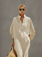 Women's Oatmeal Linen Dress With Mandarin Collar & Dolman Sleeves, Timeless Resort-Casual Style Dress MDZ0552B1I 2