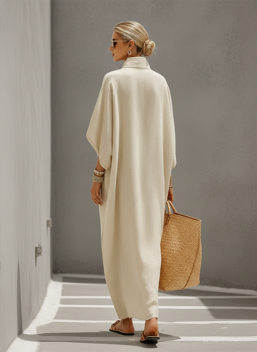 Women's Oatmeal Linen Dress With Mandarin Collar & Dolman Sleeves, Timeless Resort-Casual Style Dress MDZ0552B1I 4