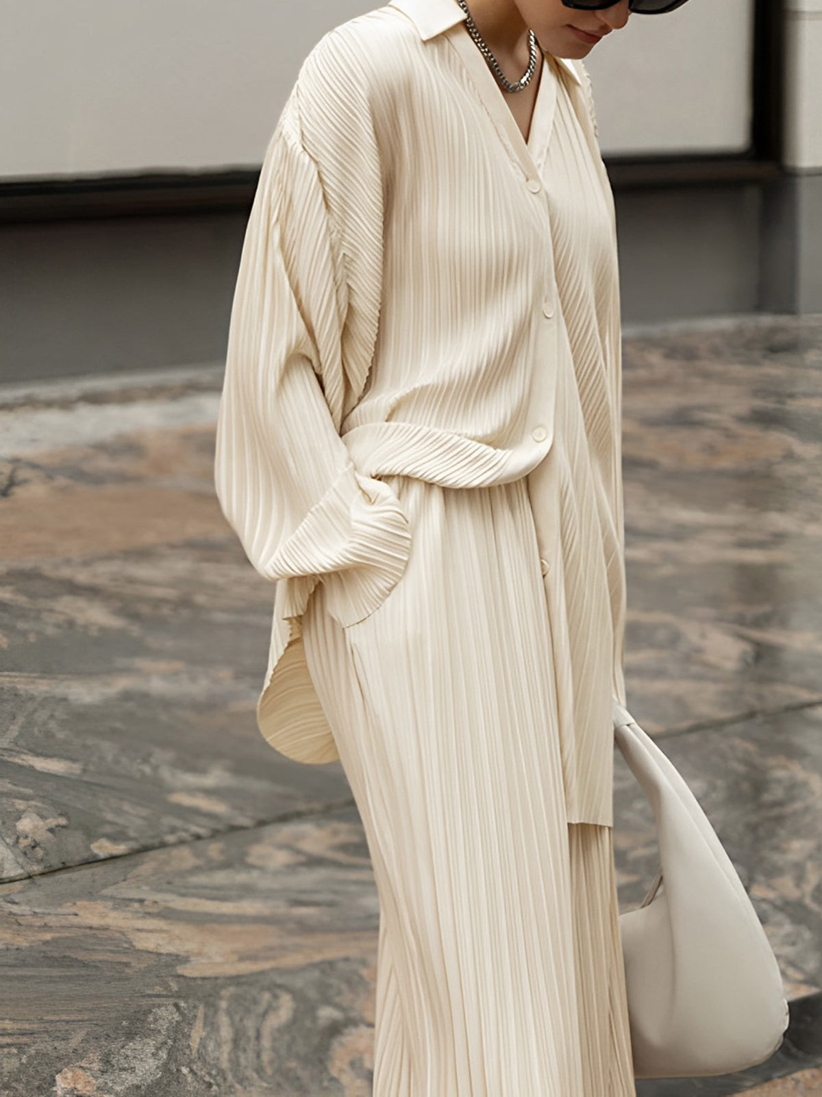 Women’s Pleated Oversized Blouse — Casual Woven Polyester Top Relaxed Fit Long Sleeve Everyday Leisure Shirt 1