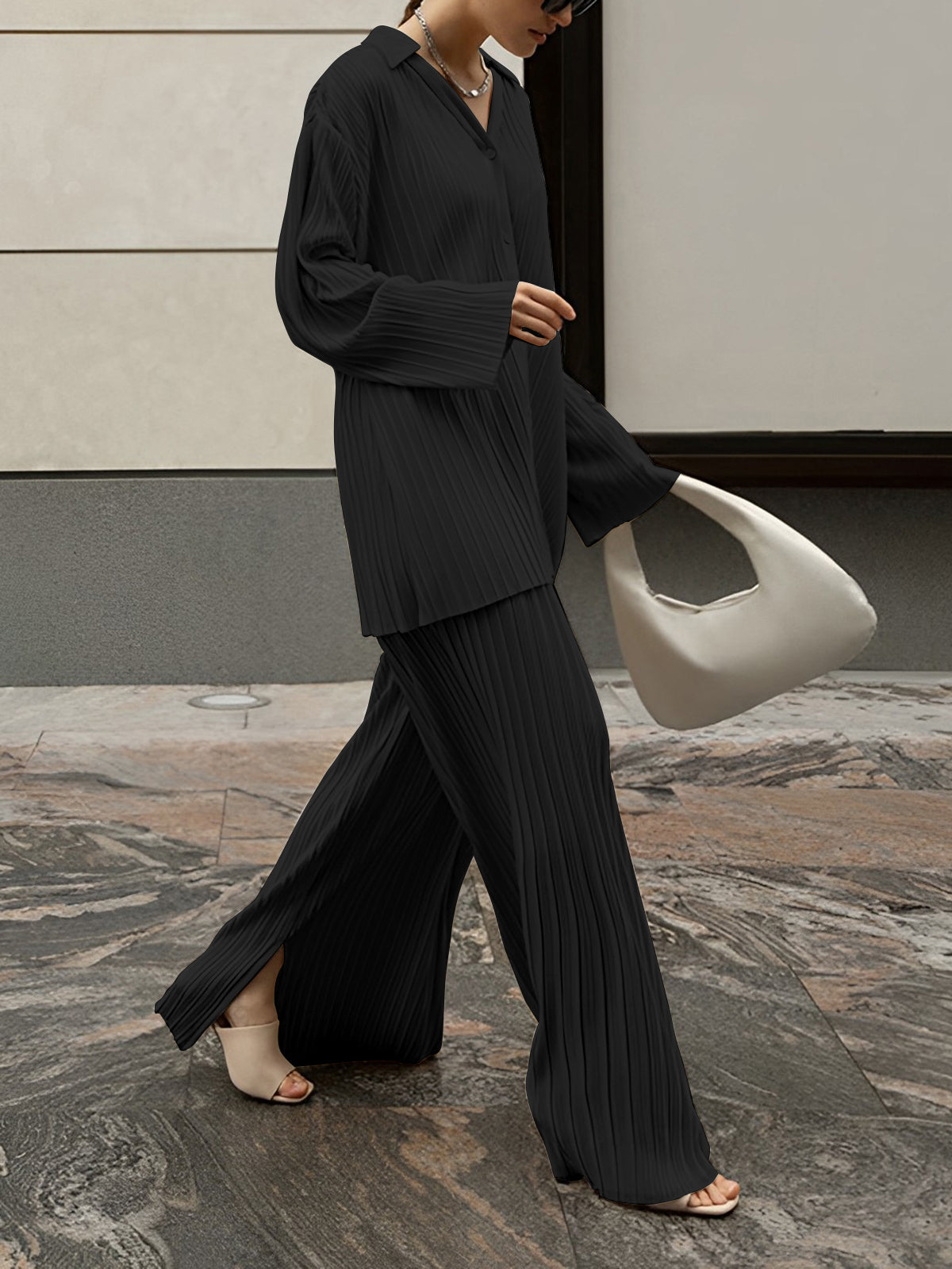 Women’s Pleated Oversized Blouse — Casual Woven Polyester Top Relaxed Fit Long Sleeve Everyday Leisure Shirt 4