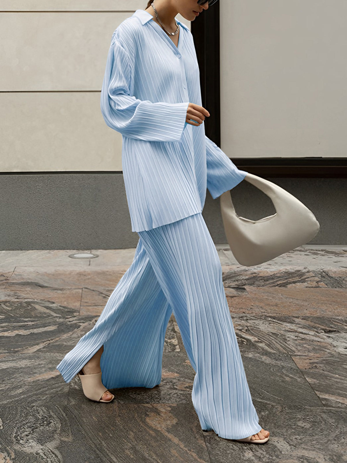 Women’s Pleated Oversized Blouse — Casual Woven Polyester Top Relaxed Fit Long Sleeve Everyday Leisure Shirt 6