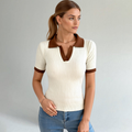 Women’s Ribbed Knit Polo Top with Contrast Collar – Chic Short Sleeve Casual & Smart-Casual Shirt 0