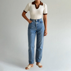Women’s Ribbed Knit Polo Top with Contrast Collar – Chic Short Sleeve Casual & Smart-Casual Shirt 1
