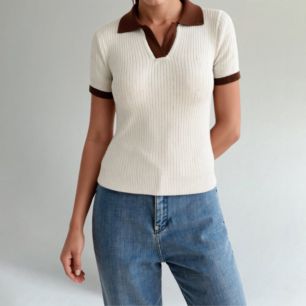 Women’s Ribbed Knit Polo Top with Contrast Collar – Chic Short Sleeve Casual & Smart-Casual Shirt 2