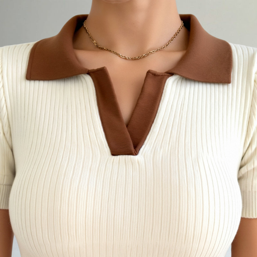 Women’s Ribbed Knit Polo Top with Contrast Collar – Chic Short Sleeve Casual & Smart-Casual Shirt 3