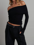 Women’s Ribbed Long Sleeve Top — Slim Fit Cropped Casual Straight Neck Stretch Everyday Basic Knit Top 0