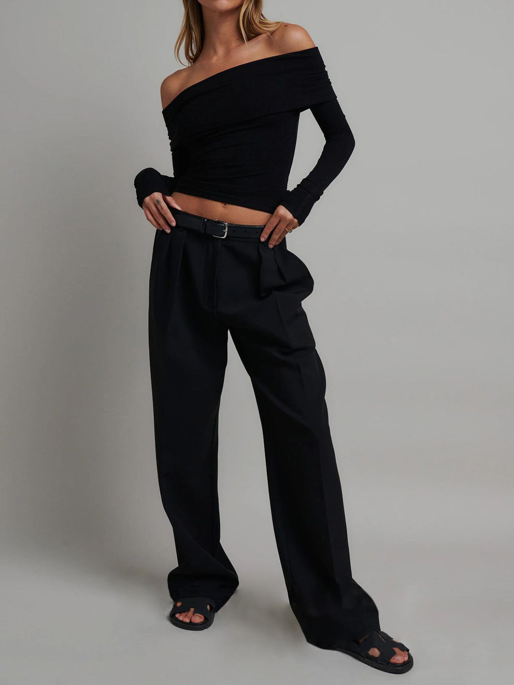Women’s Ribbed Long Sleeve Top — Slim Fit Cropped Casual Straight Neck Stretch Everyday Basic Knit Top 2
