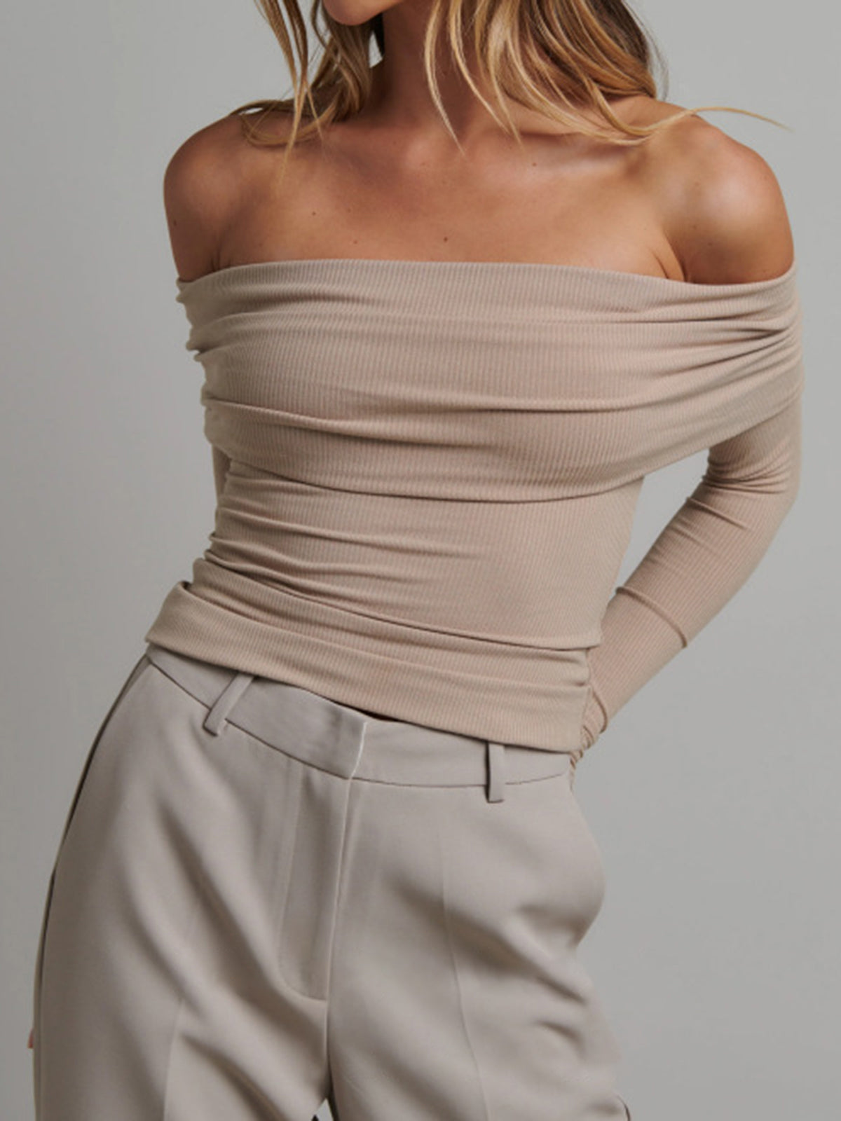 Women’s Ribbed Long Sleeve Top — Slim Fit Cropped Casual Straight Neck Stretch Everyday Basic Knit Top 4