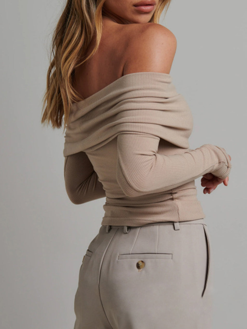 Women’s Ribbed Long Sleeve Top — Slim Fit Cropped Casual Straight Neck Stretch Everyday Basic Knit Top 6