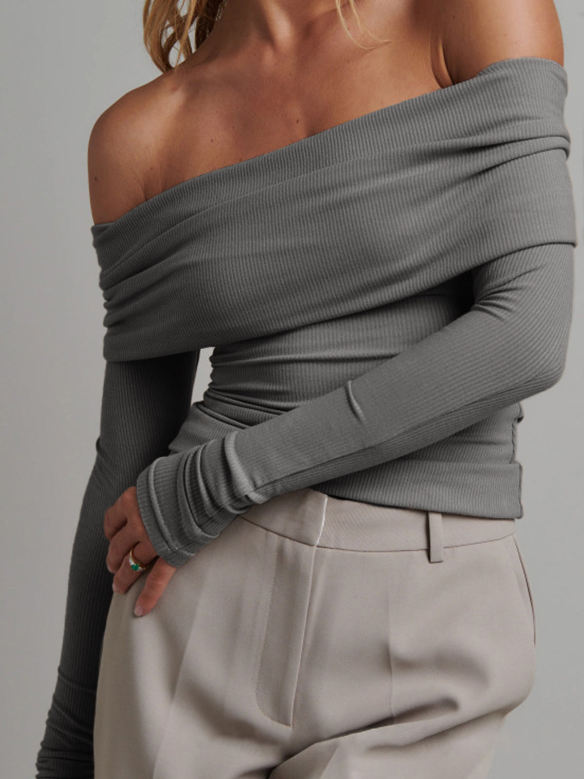 Women’s Ribbed Long Sleeve Top — Slim Fit Cropped Casual Straight Neck Stretch Everyday Basic Knit Top 7