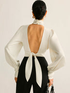 Women’s Satin Backless Blouse — Long Sleeve Stand Collar Elegant Regular Fit Satin Top Wedding Work Evening Shirt 0