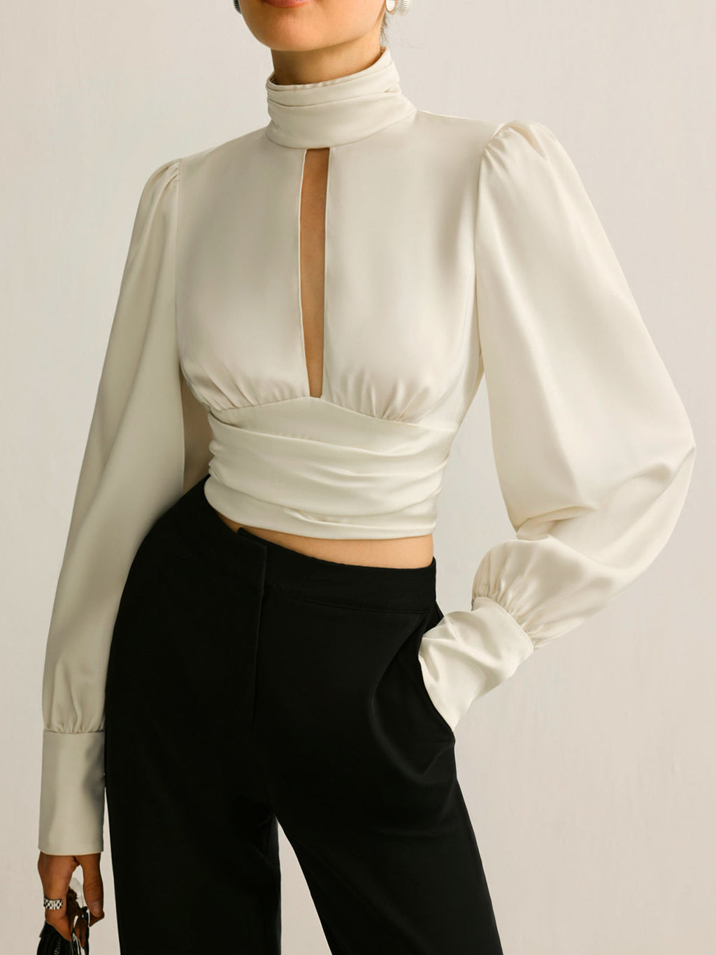 Women’s Satin Backless Blouse — Long Sleeve Stand Collar Elegant Regular Fit Satin Top Wedding Work Evening Shirt 1