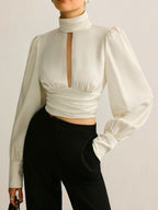 Women’s Satin Backless Blouse — Long Sleeve Stand Collar Elegant Regular Fit Satin Top Wedding Work Evening Shirt 1