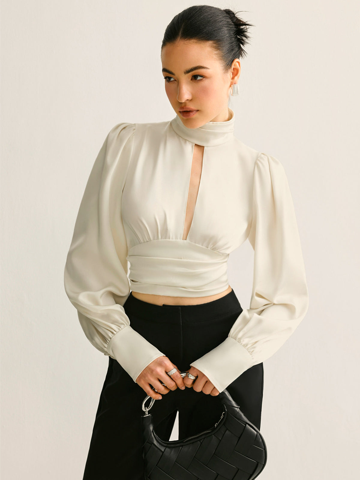 Women’s Satin Backless Blouse — Long Sleeve Stand Collar Elegant Regular Fit Satin Top Wedding Work Evening Shirt 2