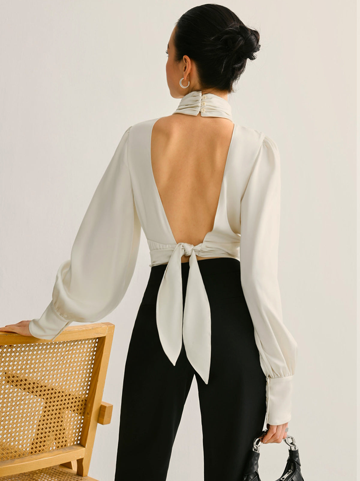 Women’s Satin Backless Blouse — Long Sleeve Stand Collar Elegant Regular Fit Satin Top Wedding Work Evening Shirt 3