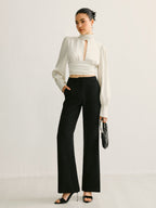Women’s Satin Backless Blouse — Long Sleeve Stand Collar Elegant Regular Fit Satin Top Wedding Work Evening Shirt 4