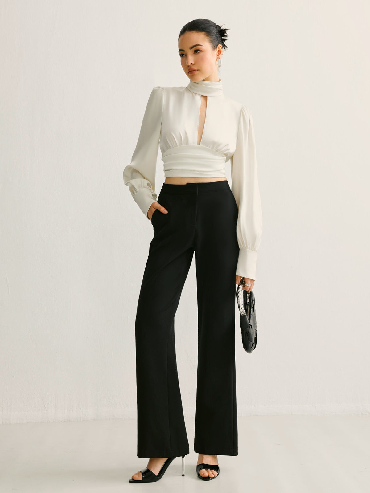 Women’s Satin Backless Blouse — Long Sleeve Stand Collar Elegant Regular Fit Satin Top Wedding Work Evening Shirt 4