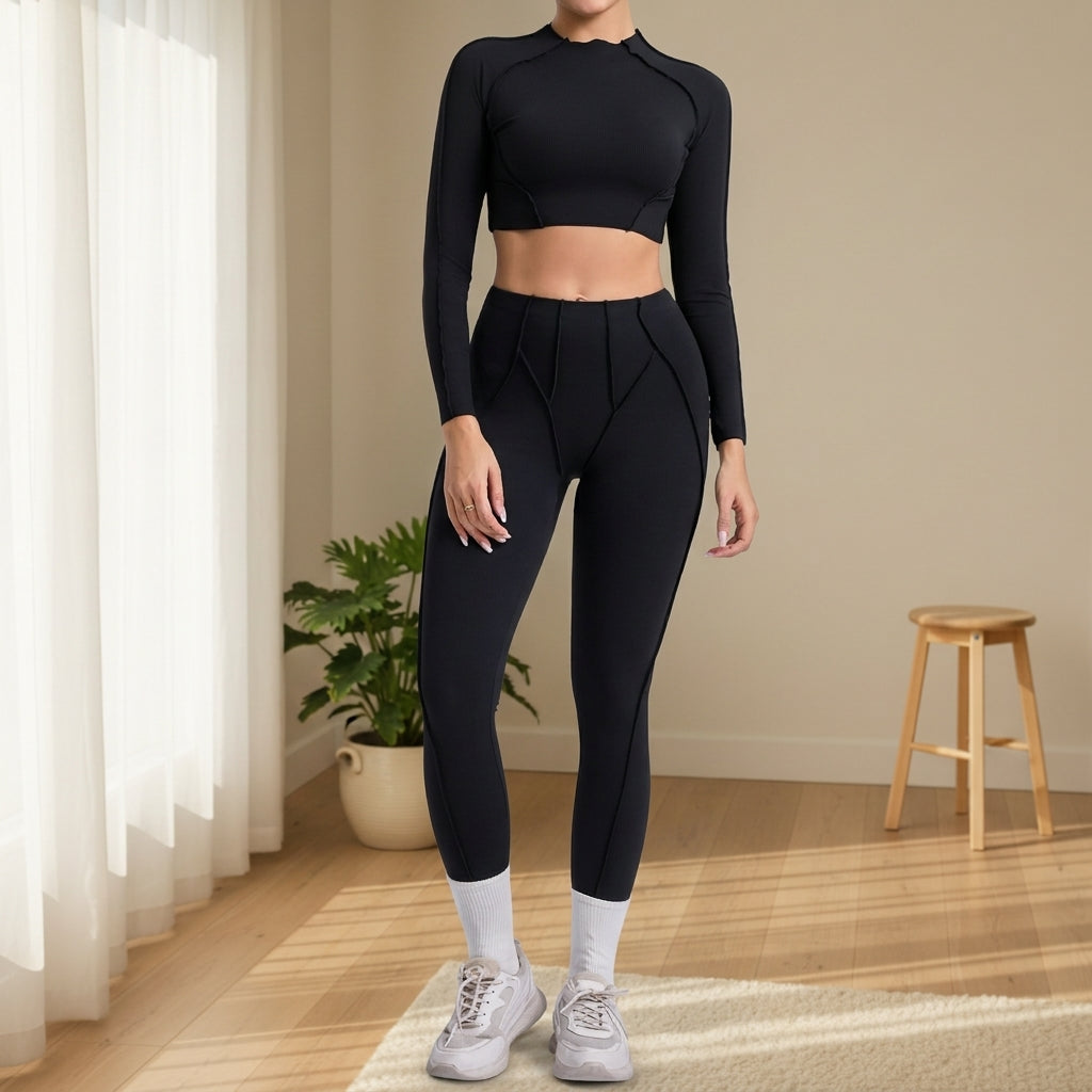 Women’s Seamless Yoga Set – High-Waisted Leggings & Long Sleeve Activewear Top 0