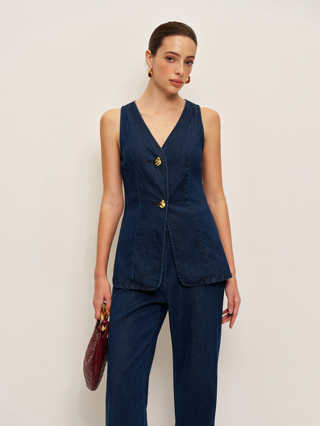 Women’s Tencel Denim Sleeveless Long Top — Shift Fit Metal Detail Casual Work Leisure Tunic Blouse 0