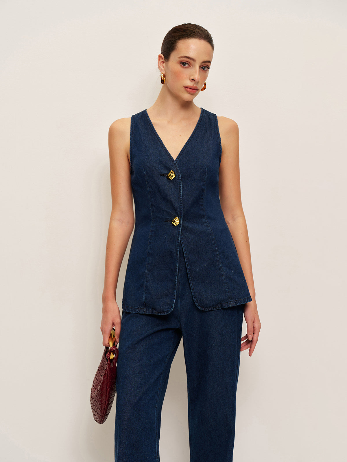 Women’s Tencel Denim Sleeveless Long Top — Shift Fit Metal Detail Casual Work Leisure Tunic Blouse 0