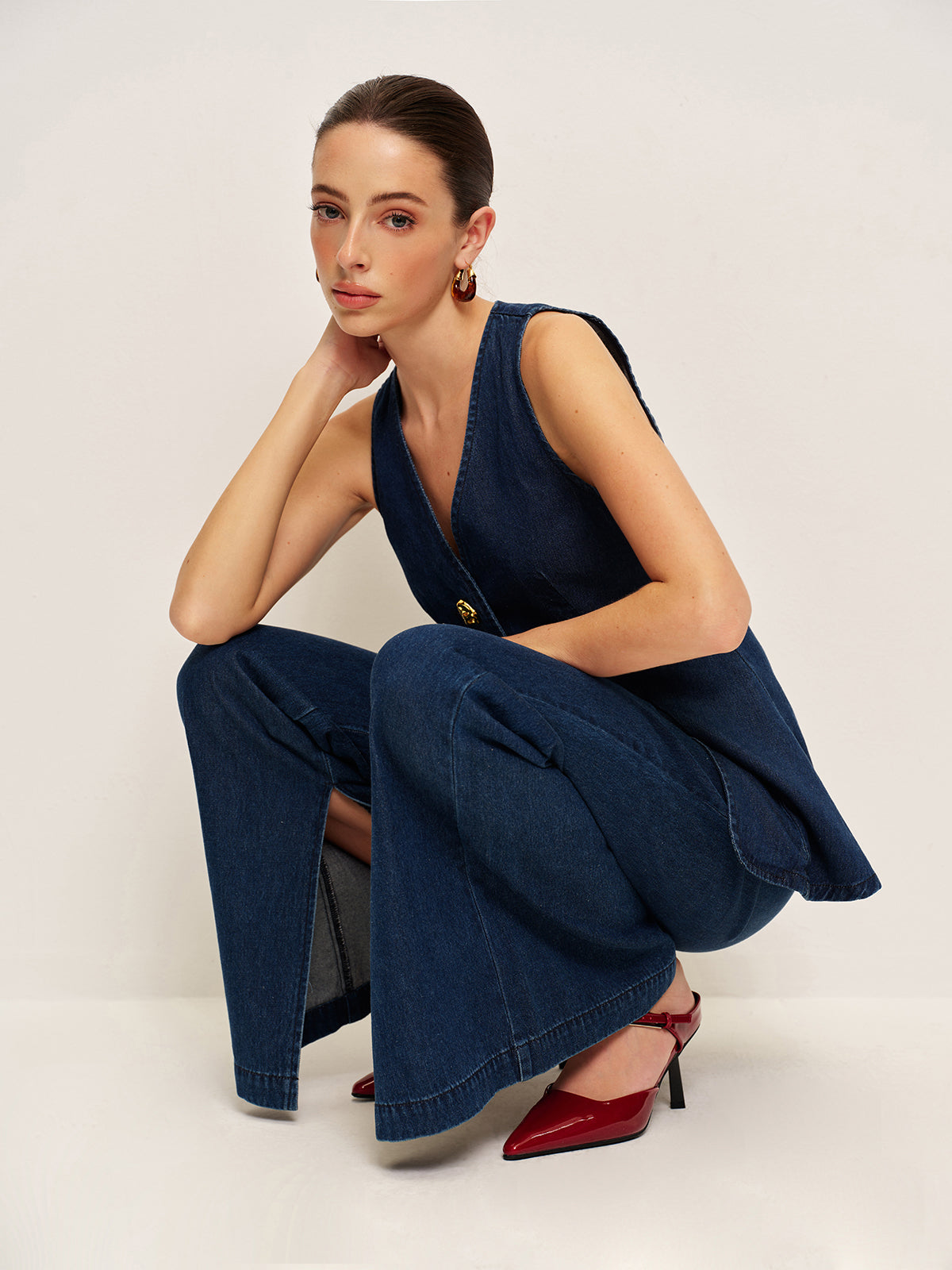 Women’s Tencel Denim Sleeveless Long Top — Shift Fit Metal Detail Casual Work Leisure Tunic Blouse 2