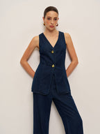 Women’s Tencel Denim Sleeveless Long Top — Shift Fit Metal Detail Casual Work Leisure Tunic Blouse 3