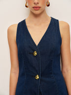 Women’s Tencel Denim Sleeveless Long Top — Shift Fit Metal Detail Casual Work Leisure Tunic Blouse 4