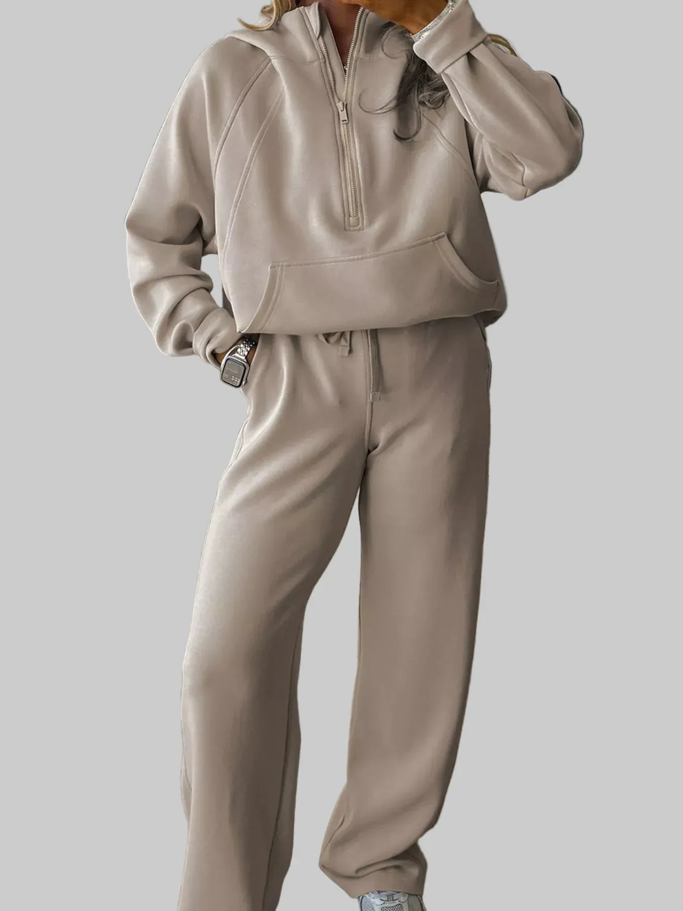 Women’s Two-Piece Drawstring Lounge Set – Casual Zipper Top & Wide Leg Pants Set with Pockets 0