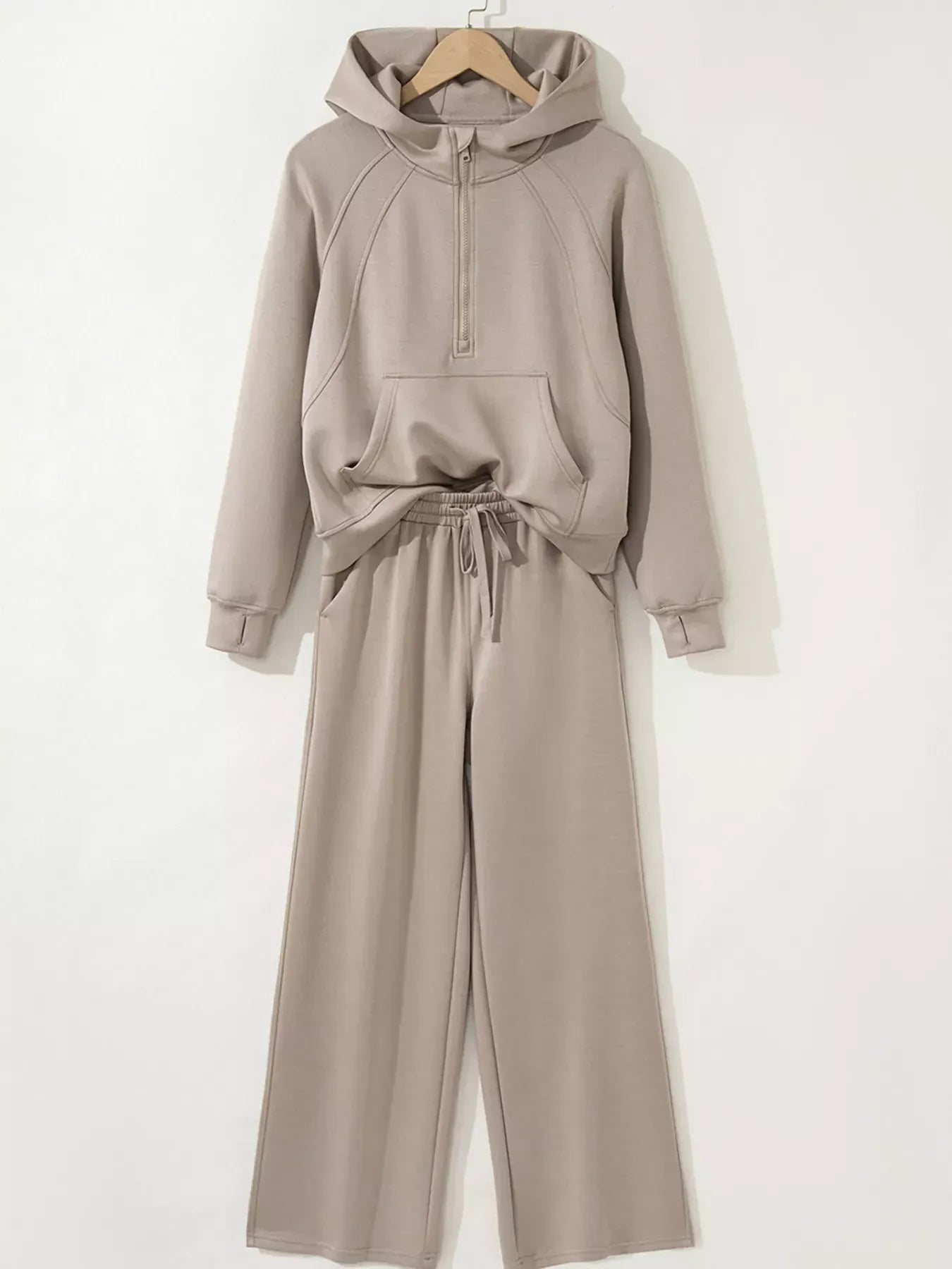 Women’s Two-Piece Drawstring Lounge Set – Casual Zipper Top & Wide Leg Pants Set with Pockets 3